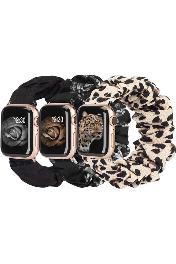 3 Packs Apple Watch Band Scrunchies 38mm Cloth Soft Pattern Printed Fabric Wristband Women IWatch Elastic Scrunchy Bands 40mm 41mm Series SE 7 6 5 4 3 2 1, S/M