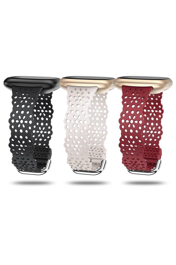 3 Packs Compatible with Sense/Sense 2 Band/Versa 3/Versa 4 Bands Women Soft Silicone Lace Strap Flower Cut-Outs Breathable Waterproof Sport Wristband