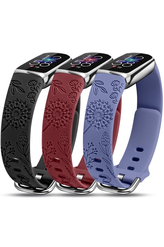 3 Packs Engraved Band Compatible with Fitbit Luxe Bands for Women, Soft Silicone Floral Engraved Sport Strap Dandelion Pantten Wristband for Fitbit Luxe Watch Bands