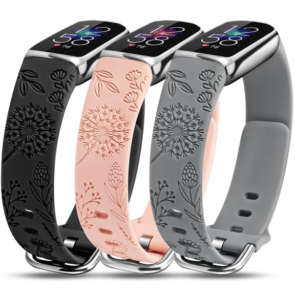 TOYOUTHS 3 Packs Engraved Band Compatible with Fitbit Luxe Bands for Women, Soft Silicone Floral Engraved Sport Strap Dandelion Pantten Wristband for Fitbit Luxe Watch Bands