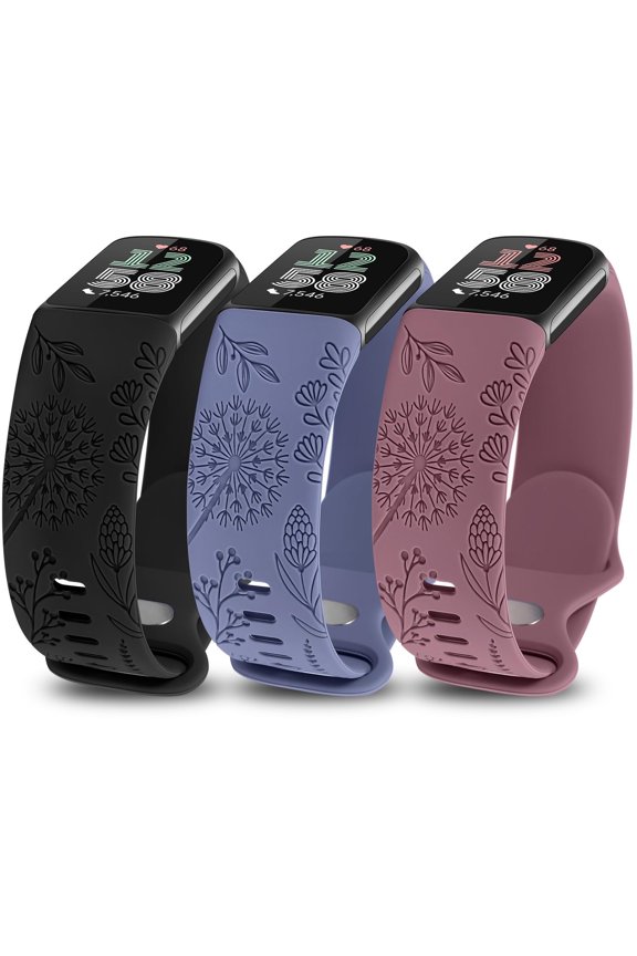 3 Packs Floral Engraved Band Compatible with Fitbit Charge 6 Bands/Fitbit Charge 5 Bands Women, Cute Soft Silicone Dandelion Flower Pattern Sport Designer Fancy Summer Strap for Charge 6/5