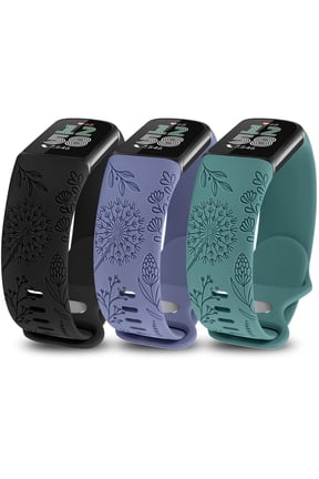 3 Packs Floral Engraved Band Compatible with Fitbit Charge 6 Bands/Fitbit Charge 5 Bands Women, Cute Soft Silicone Dandelion Flower Pattern Sport Designer Fancy Summer Strap for Charge 6/5