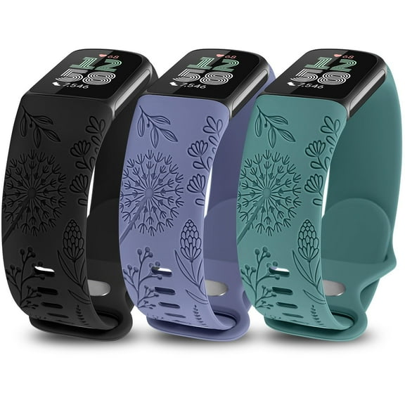 TOYOUTHS 3 Packs Floral Engraved Band Compatible with Fitbit Charge 6 Bands/Fitbit Charge 5 Bands Women, Cute Soft Silicone Dandelion Flower Pattern Sport Designer Fancy Summer Strap for Charge 6/5