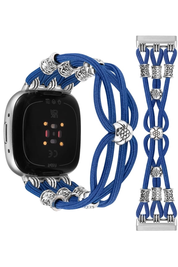 Beaded Bracelet Band Compatible with Versa 4/Versa 3/Sense 2/Sense Bands Women, Boho Soft Elastic Stretchy Nylon Braided Strap Fancy Charms Designer Breathable Sport Wristband