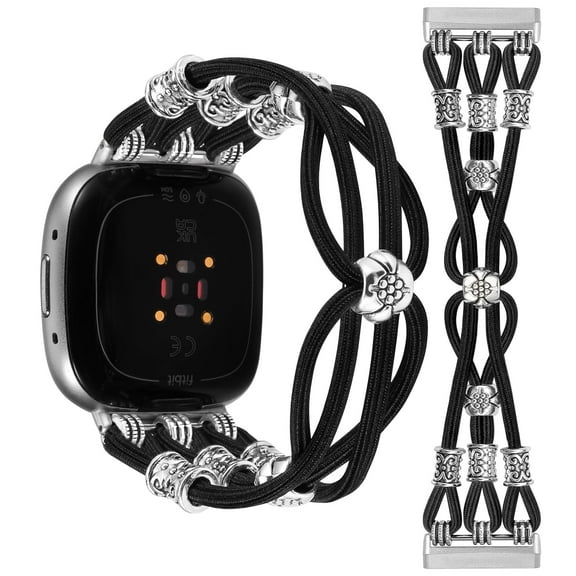 TOYOUTHS Beaded Bracelet Band Compatible with Versa 4/Versa 3/Sense 2/Sense Bands Women, Boho Soft Elastic Stretchy Nylon Braided Strap Fancy Charms Designer Breathable Sport Wristband