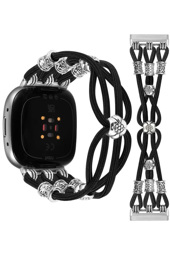 Beaded Bracelet Band Compatible with Versa 4/Versa 3/Sense 2/Sense Bands Women, Boho Soft Elastic Stretchy Nylon Braided Strap Fancy Charms Designer Breathable Sport Wristband