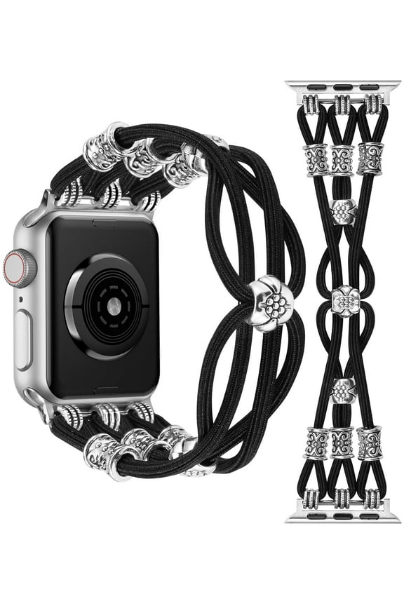 Beaded Bracelet Compatible with Apple Watch Band 49mm 45mm 44mm 42mm 41mm 40mm 38mm Women, Boho Western Slim Braided Elastic Stretchy Solo Loop Strap for iWatch Series 9/SE/8/7/6/5/4/3/2/1