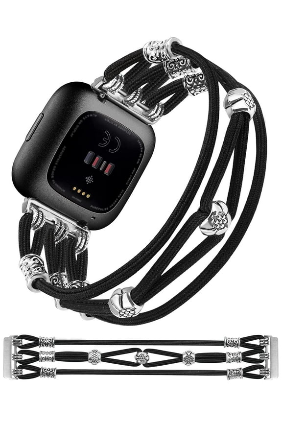 Beaded Bracelet Compatible with Fitbit Versa 2/Fitbit Versa/Fitbit Versa Lite Bands for Women, Stretchy Nylon Solo Loop Strap Elastic Handmade Boho Wristbands for Fitbit Versa