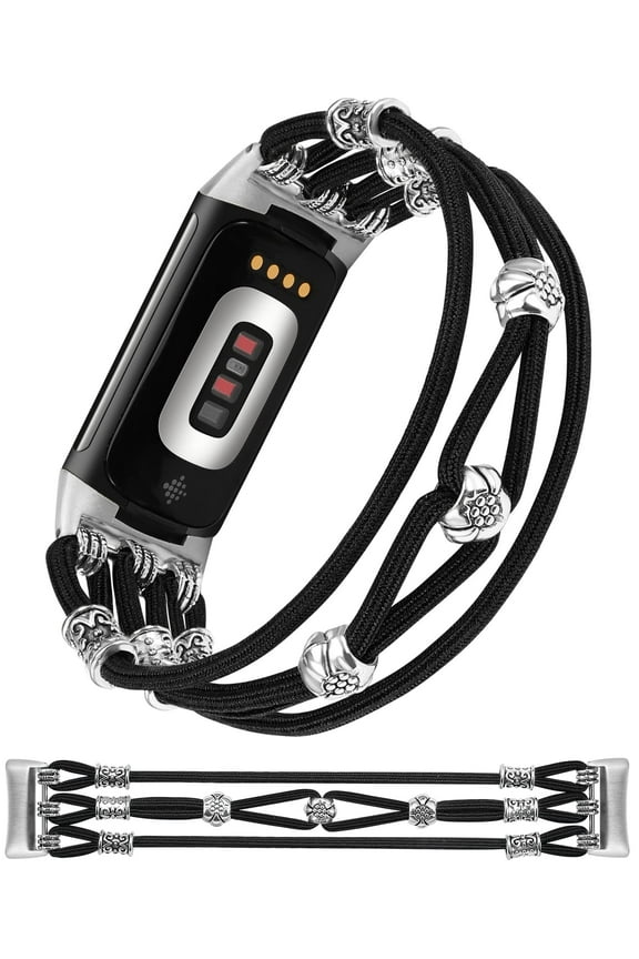 Beaded Strap Compatible with Fitbit Charge 5 Bands for Women Men, Handmade Boho Hippie Strap Premium Nylon Elastic Stretchy Cute Stylish Solo Loop Feminine Charm Writband