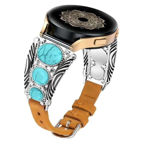 TOYOUTHS Compatible with Samsung Galaxy Watch 6/5/4/Active 2 40mm 44mm/Watch 5 Pro 45mm/Watch 6 Classic/Watch 3 41mm Band Women, Leather Turquoise Vintage Boho Ethnic Antique Jewelry Style Strap