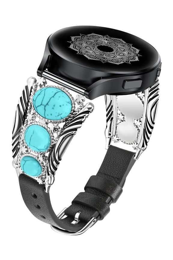 Compatible with Samsung Galaxy Watch 6/5/4/Active 2 40mm 44mm/Watch 5 Pro 45mm/Watch 6 Classic/Watch 3 41mm Band Women, Leather Turquoise Vintage Boho Ethnic Antique Jewelry Style Strap