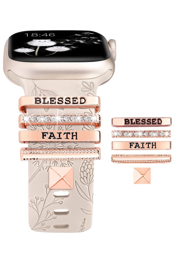 Decorative Ring Loop Compatible with Apple Watch Bands Charms (Band Included) 41mm 40mm 38mm 42mm 44mm 45mm 46mm 49mm,Floral Engraved Silicone Strap for iWatch Series SE/10/9/8/7/6/5/4/3/2/1