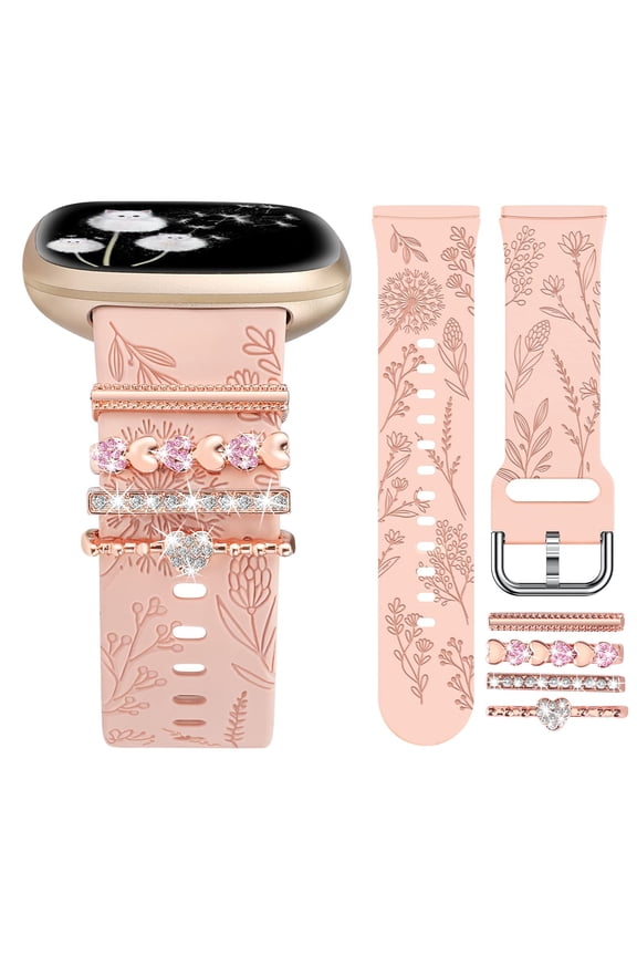 Decorative Ring Loop Compatible with Fitbit Versa 4/Versa 3/Sense 2/Sense Band Women, Cute Soft Silicone Dandelion Flower Pattern Sport Designer Fancy Summer Strap for Versa 4 (with Band)