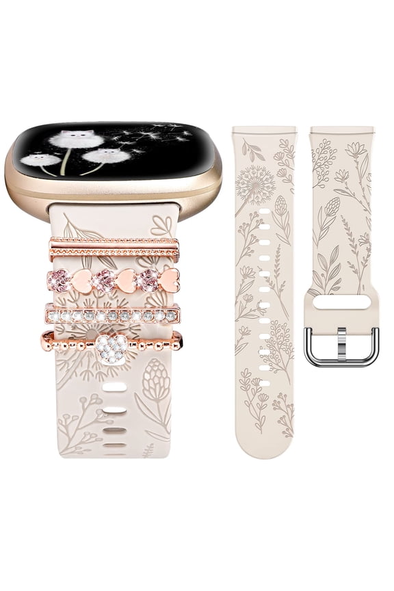 Decorative Ring Loop Compatible with Fitbit Versa 4/Versa 3/Sense 2/Sense Band Women, Cute Soft Silicone Dandelion Flower Pattern Sport Designer Fancy Summer Strap for Versa 4 (with Band)