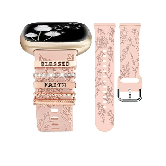 TOYOUTHS Decorative Ring Loop Compatible with Fitbit Versa 4/Versa 3/Sense 2/Sense Band Women, Cute Soft Silicone Dandelion Flower Pattern Sport Designer Fancy Summer Strap for Versa 4 (with Band)