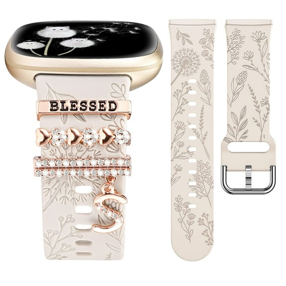 TOYOUTHS Decorative Ring Loop Compatible with Fitbit Versa 4/Versa 3/Sense 2/Sense Band Women, Cute Soft Silicone Dandelion Flower Pattern Sport Designer Fancy Summer Strap for Versa 4 (with Band)