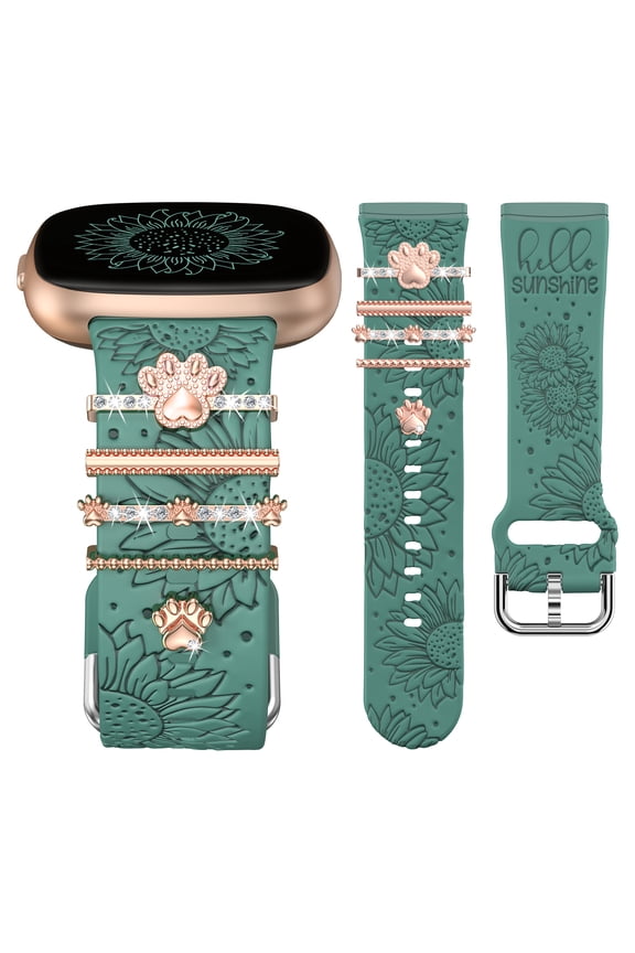 Decorative Ring Loop Compatible with Versa 4/Versa 3/Sense 2/Sense Band Women, Cute Soft Silicone Sunflower Pattern Metal Diamond Charms Strap for Versa 4 (with Band)