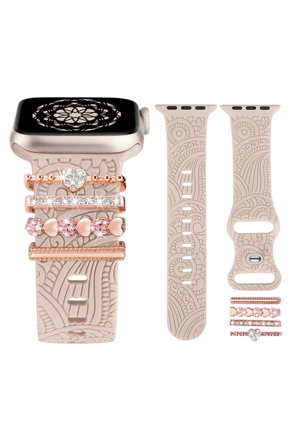 Decorative Ring Loops Compatible with Apple Watch Band Charms 42mm 41mm 40mm 38mm 44mm 45mm 46mm 49mm Women, Boho Engraved Strap Accessories for iWatch Series 10 9 Ultra SE 8 7 6 5 4 3 2 1