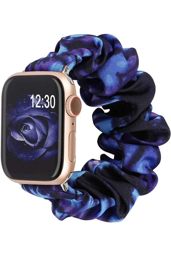 Elastic Scrunchies Band Apple Watch Band 42mm 44mm 45mm Cloth Soft Pattern Printed Fabric Wristband Women,Tie Dye/Blue