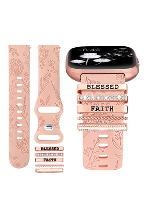 Floral Engraved Band with Charms Compatible with Fitbit Versa 2/Fitbit Versa/Versa Lite Bands Women,Bling Decorative Ring Loop Soft Silicone Flower Fancy Strap for Versa 2 Watch(with Band)