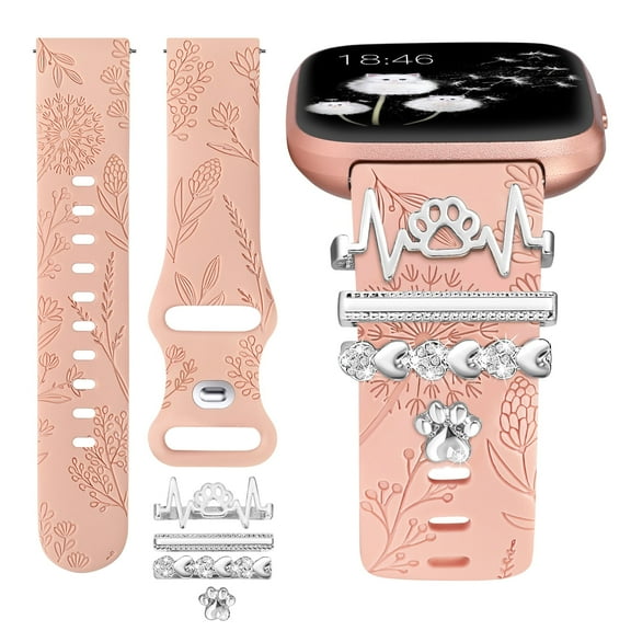 TOYOUTHS Floral Engraved Band with Charms Compatible with Fitbit Versa 2/Fitbit Versa/Versa Lite Bands Women,Bling Decorative Ring Loop Soft Silicone Flower Fancy Strap for Versa 2 Watch(with Band)
