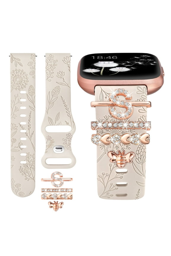 Floral Engraved Band with Charms Compatible with Fitbit Versa 2/Fitbit Versa/Versa Lite Bands Women,Bling Decorative Ring Loop Soft Silicone Flower Fancy Strap for Versa 2 Watch(with Band)