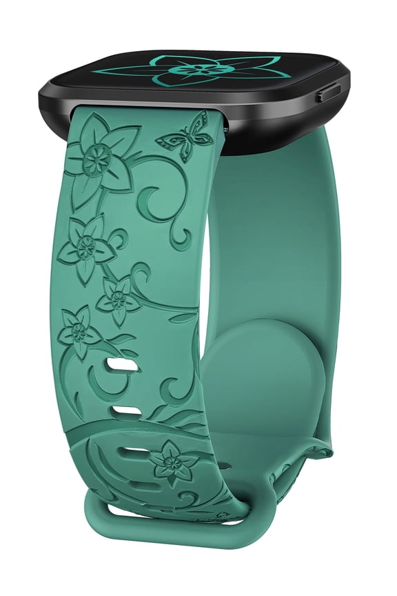 Floral Engraved Watch Band Compatible with Versa 2/Versa/Versa Lite/Versa SE, Soft Silicone Cute Wildflowers Butterflies Sport Laser Watch Strap Replacement Wristband for Women