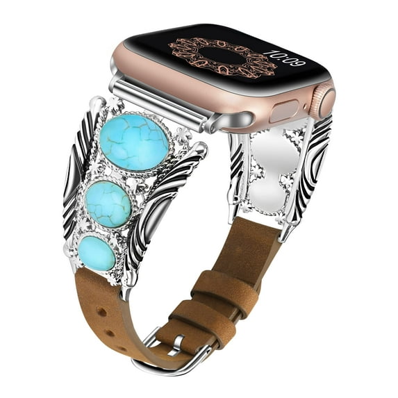 TOYOUTHS Leather Band Compatible with Apple Watch Band 38mm 40mm 41mm, Turquoise Apple Watch Bands for Women, Vintage Bohemian Ethnic Antique Jewelry Style Strap for Iwatch Series SE/8/7/6/5/4/3/2/1