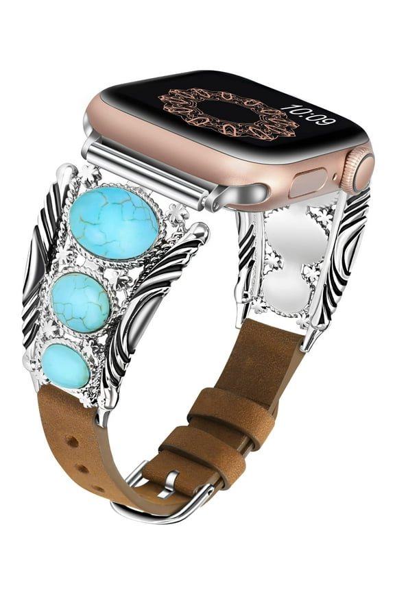 Leather Band Compatible with Apple Watch Band 38mm 40mm 41mm, Turquoise Apple Watch Bands for Women, Vintage Bohemian Ethnic Antique Jewelry Style Strap for Iwatch Series SE/8/7/6/5/4/3/2/1