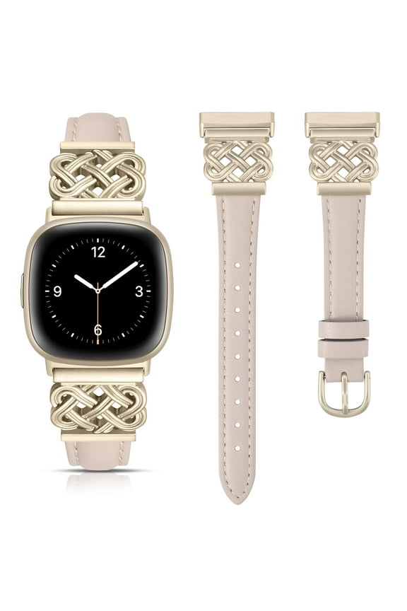 Leather Band Compatible with Fitbit Versa 4/Versa 3/Fitbit Sense 2/Sense Band Women, Slim Thin Dressy Designer Premium Leather Strap with Interlock Buckle for Versa 3 4 Sense 2 Smartwatch