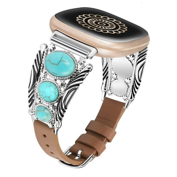 TOYOUTHS Leather Band Compatible with Versa 4/Versa 3/Sense 2/Sense Band, Turquoise Watch Bands for Women, Vintage Bohemian Ethnic Antique Jewelry Style Strap for Versa 4