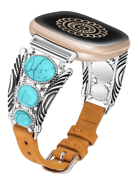 Leather Band Compatible with Versa 4/Versa 3/Sense 2/Sense Band, Turquoise Watch Bands for Women, Vintage Bohemian Ethnic Antique Jewelry Style Strap for Versa 4