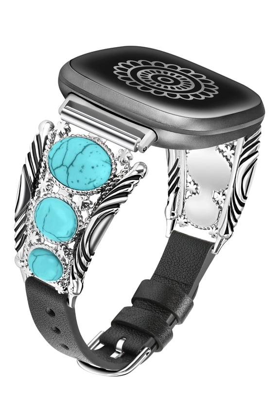 Leather Band Compatible with Versa 4/Versa 3/Sense 2/Sense Band, Turquoise Watch Bands for Women, Vintage Bohemian Ethnic Antique Jewelry Style Strap for Versa 4