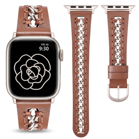 TOYOUTHS Leather Bands Compatible with Apple Watch Band 38/40/41/42/44/45/49mm Women, Dressy Leather Strap with Stainless Steel Metal Hollow-out Chain Bracelet for iWatch Ultra 2,Series 9 8 7 6 5-1