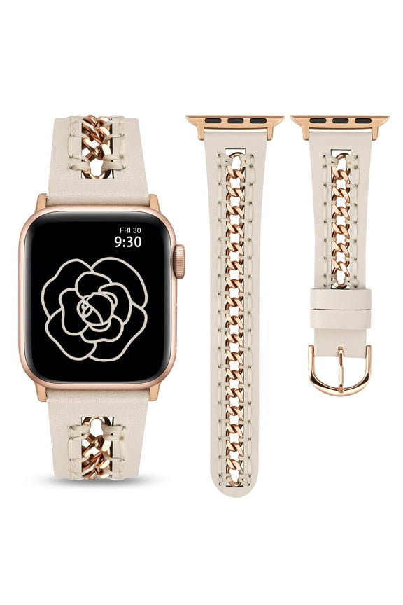 Leather Bands Compatible with Apple Watch Band 38/40/41/42/44/45/49mm Women, Dressy Leather Strap with Stainless Steel Metal Hollow-out Chain Bracelet for iWatch Ultra 2,Series 9 8 7 6 5-1
