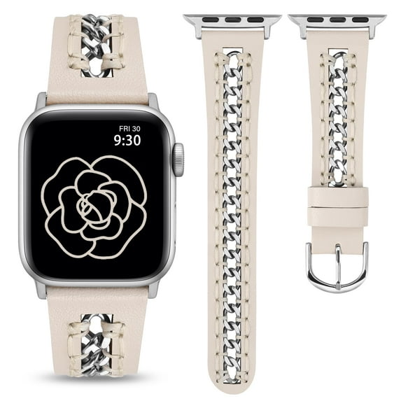 TOYOUTHS Leather Bands Compatible with Apple Watch Band 38/40/41/42/44/45/49mm Women, Dressy Leather Strap with Stainless Steel Metal Hollow-out Chain Bracelet for iWatch Ultra 2,Series 9 8 7 6 5-1