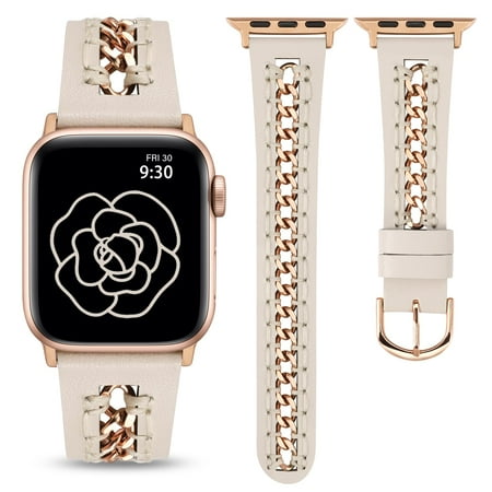 TOYOUTHS Leather Bands Compatible with Apple Watch Band 38/40/41/42/44/45/49mm Women, Dressy Leather Strap with Stainless Steel Metal Hollow-out Chain Bracelet for iWatch Ultra 2,Series 9 8 7 6 5-1