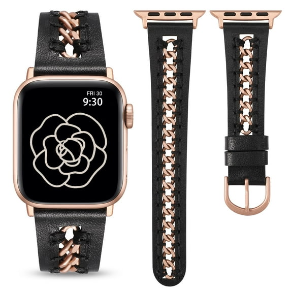 TOYOUTHS Leather Bands Compatible with Apple Watch Band 38/40/41/42/44/45/49mm Women, Dressy Leather Strap with Stainless Steel Metal Hollow-out Chain Bracelet for iWatch Ultra 2,Series 9 8 7 6 5-1