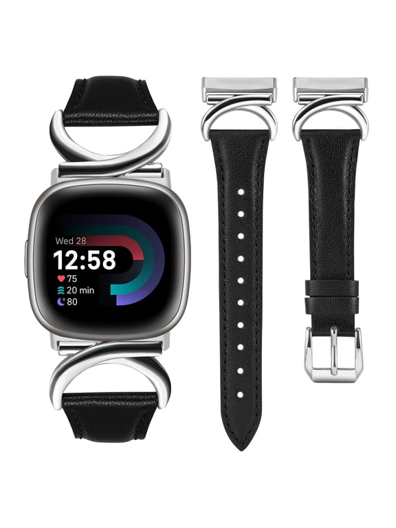 Leather Bands Compatible with Fitbit Versa 4/Versa 3/Fitbit Sense 2/Sense Band Women, Slim Thin Dressy Designer Premium Leather Strap with C-Shape Metal Buckle for Versa 3 4 Sense Smartwatch
