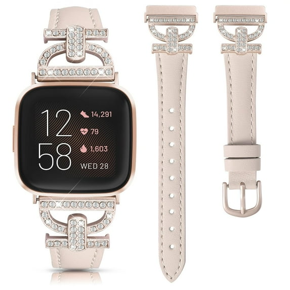 TOYOUTHS Leather Bands Compatible with Versa 2/Versa/Versa Lite Band Women, Dressy Slim Thin Leather Strap with D-Shaped Diamonds Metal Buckle Luxury Bracelet for Versa 2 Smart Watch