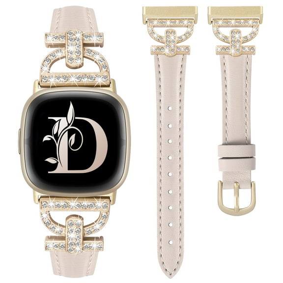 TOYOUTHS Leather Bands Compatible with Versa 4/Versa 3/Sense 2/Sense Band for Women, Dressy Bling Slim Leather Strap with D-shaped Diamonds Metal Buckle for Versa 4