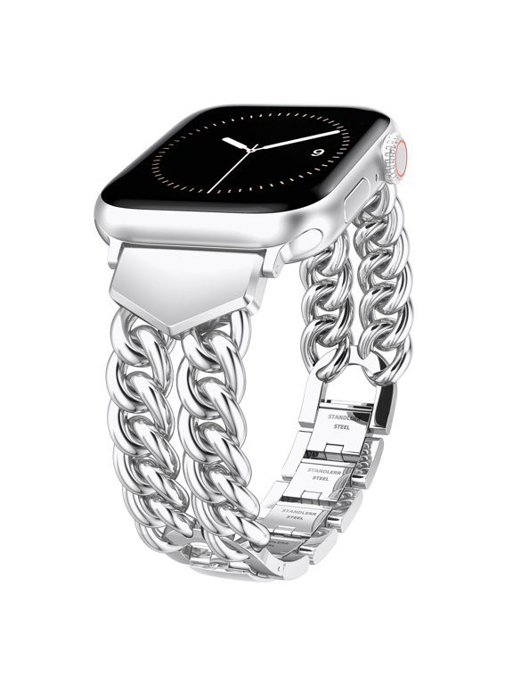 Stainless Steel Chain Watch Band Compatible with Apple Watch Bands Women Interlocking Ring Design Adjustable Bracelet for 38/40/41/42/44/45/46/49mm