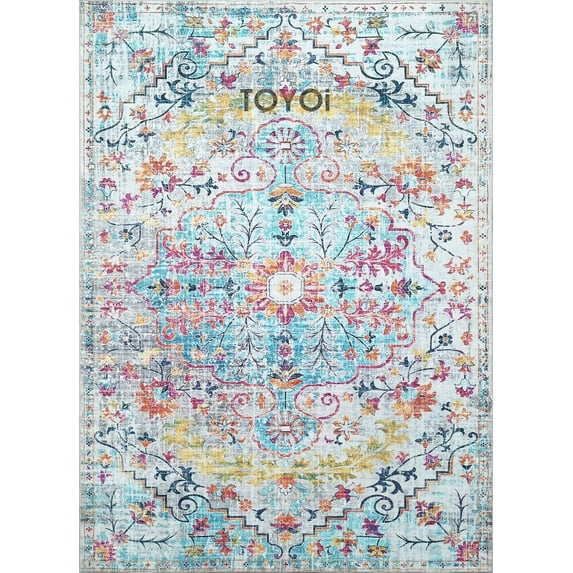 TOYOi Machine Washable Area Rugs,Stain Resistant Rug, Durable Polyester Material, Patterned & Colorful Rug, Bedroom & Living Room Rug, Room & Modern Home Decor - Blue & Multi Color 6x9