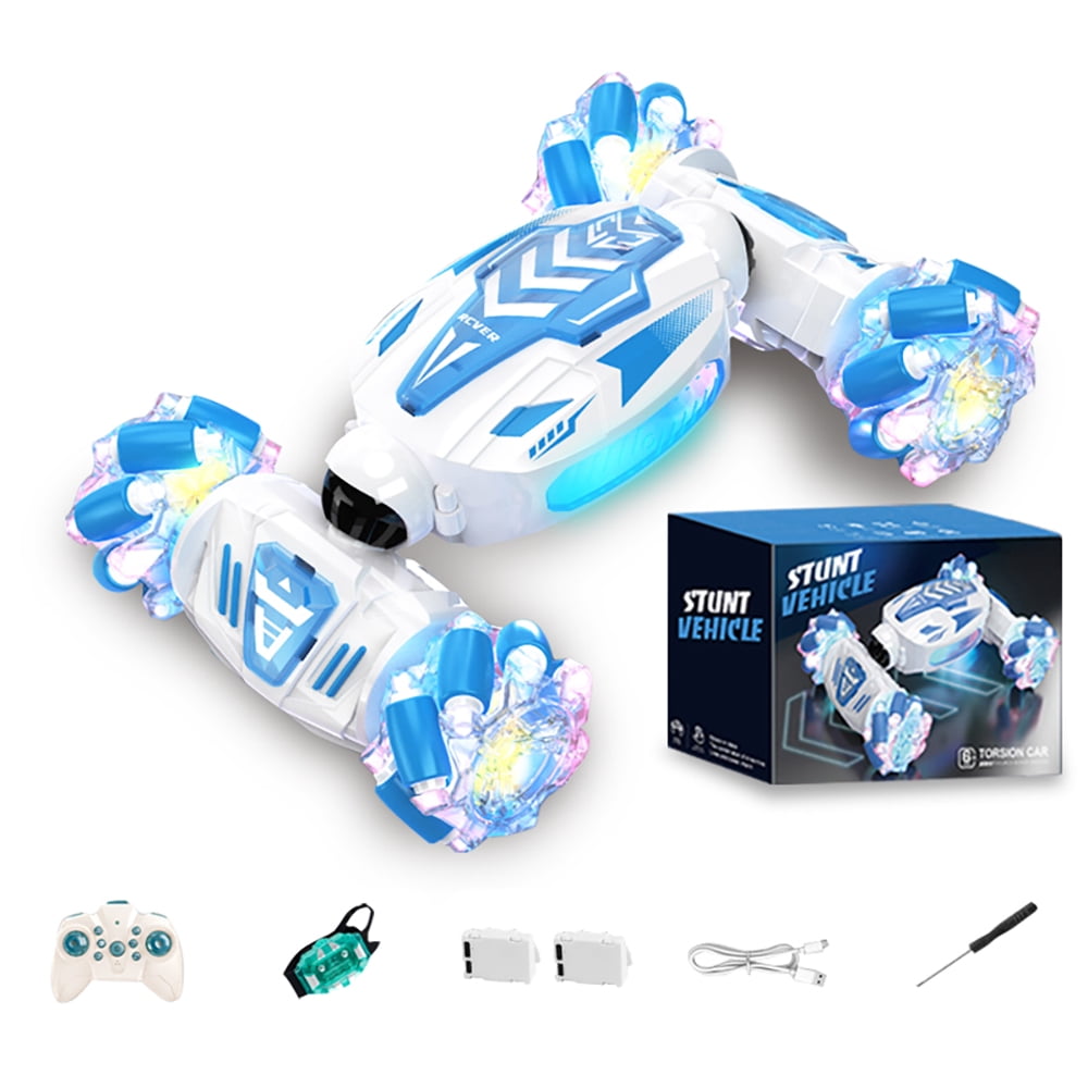 RC Stunt Car Gesture Sensing Remote Control with 2Batteries for Kids 360°Rotating 4WD Hand Controlled with Lights Music Birthday Gifts for Kids - Blue