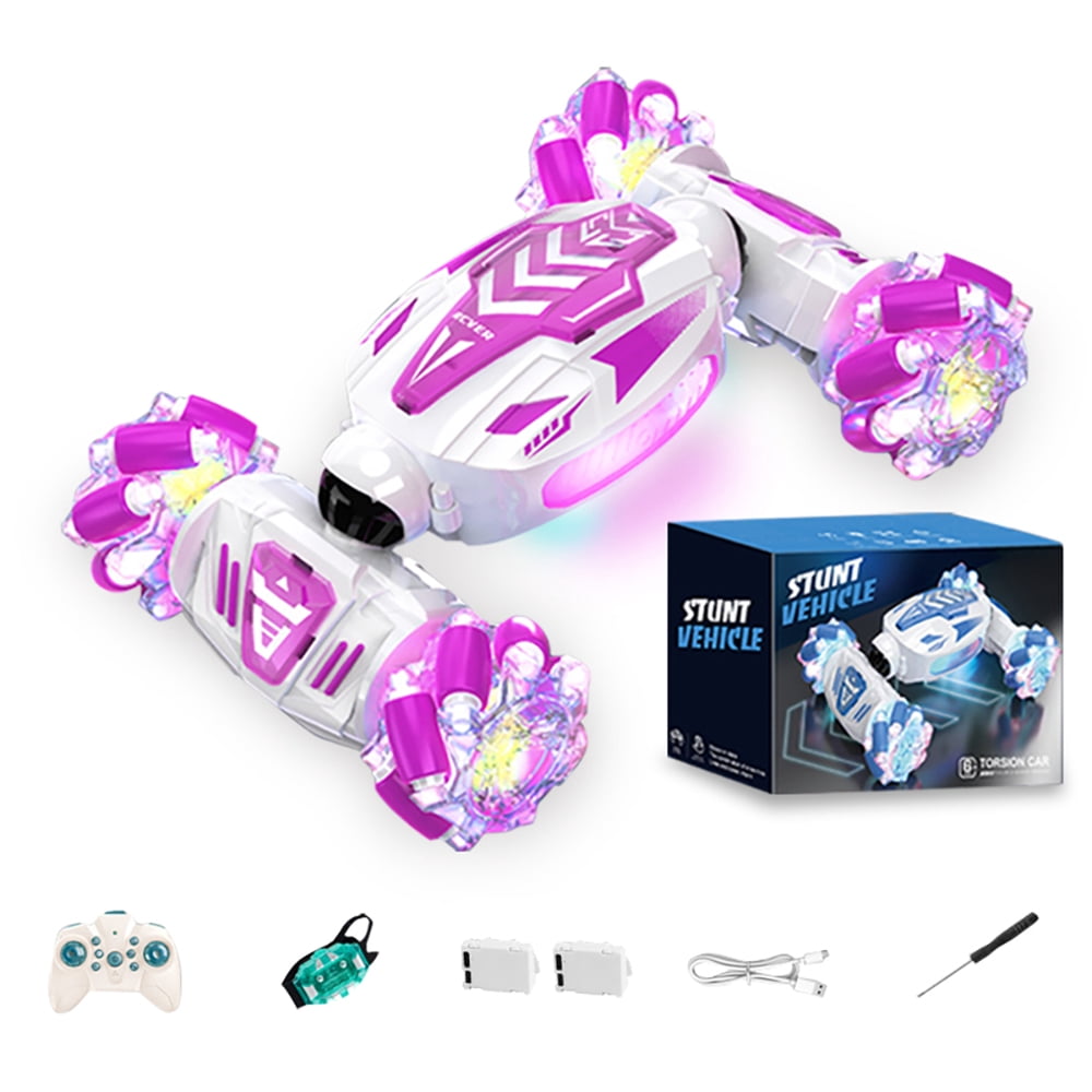 RC Stunt Car Gesture Sensing Remote Control with 2Batteries for Kids 360°Rotating 4WD Hand Controlled with Lights Music Birthday Gifts for Kids - Purple