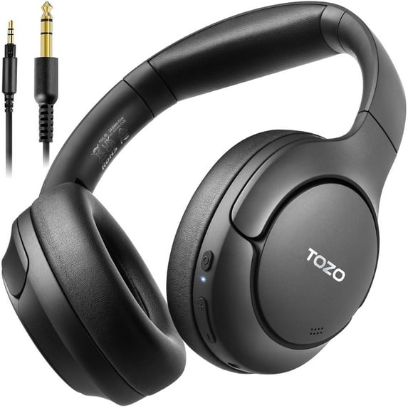 TOZO HT2 Hybrid Noise Cancel Headphones,60H Wire/Wireless Over Ear Bluetooth Headphones with ENC Mic,Hi-Res Audio,32EQ Modes,Foldable Adjustable Headband,AUX 3.5mm/USB-C,Comfort Earcup for Home,Black