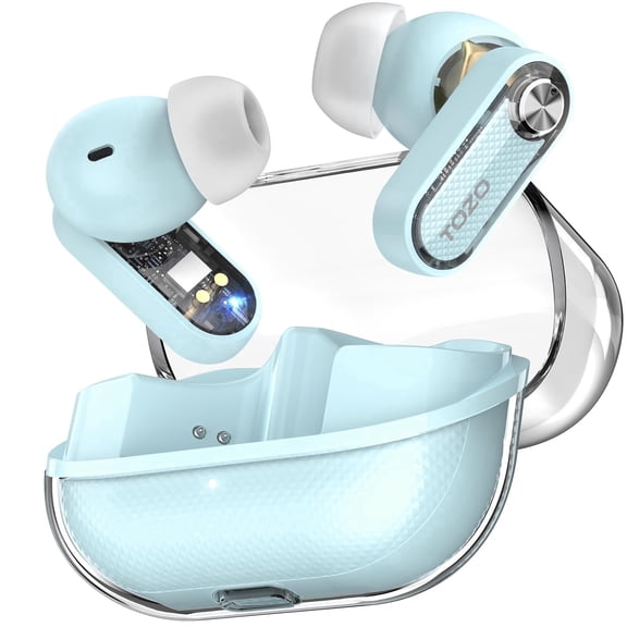 TOZO AI Translation Hybrid Active Noise Cancelling Earbuds, 100+ Languages, 70H, Smart ENC AI Calls, Stereo Bass with App-32EQ, IPX5 Waterproof Bluetooth 5.4 Headphones, Sleek Transparent Design