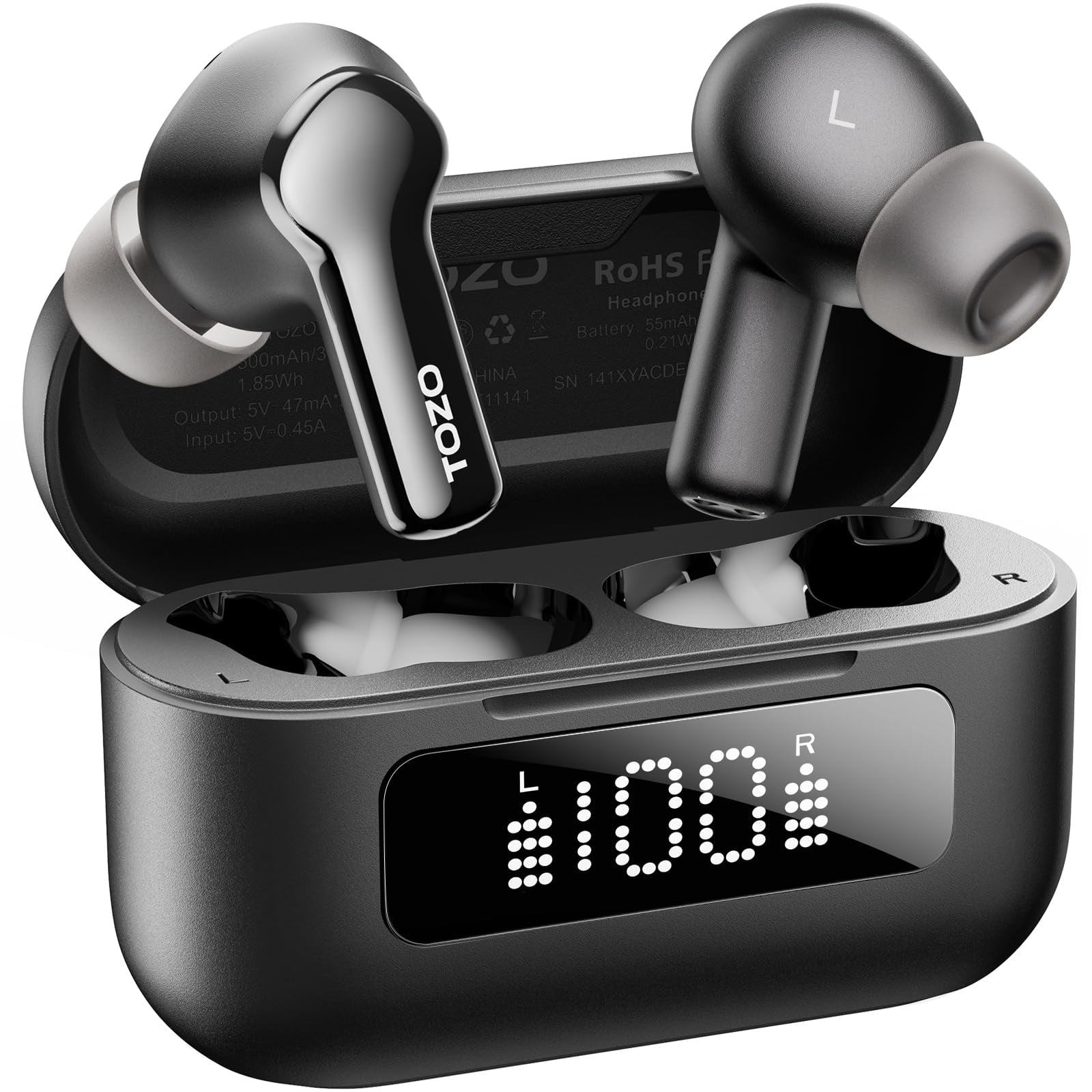 TOZO Hybrid ANC Bluetooth 5.3 Wireless Earbuds, 6 Mics, 55H Playtime, LED Display, Deep Bass, IPX8 Waterproof, Black