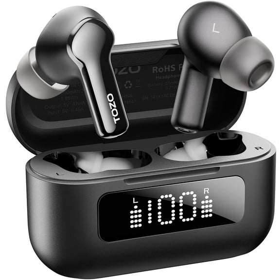 TOZO Hybrid ANC Bluetooth 5.3 Wireless Earbuds, 6 Mics, 55H Playtime, LED Display, Deep Bass, IPX8 Waterproof, Black