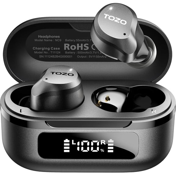 TOZO NC9 Hybrid Active Noise Cancelling Wireless Earbuds, 6 Mics ENC Clear Call, IPX8 Waterproof, in Ear Bluetooth 5.3 Headphones Stereo Bass Ear Buds 60H Playtime with LED Display 32 EQs via APP